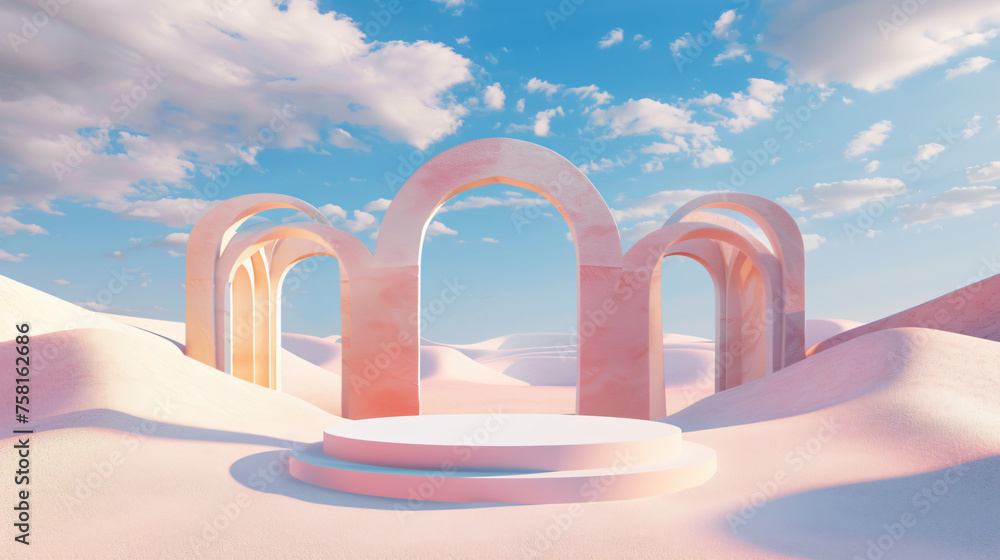 3d Render, Abstract Surreal pastel landscape background with arches and podium for showing product, panoramic view, dune scene with copy space, blue sky and cloudy 3d Render, Abstract Surreal pastel landscape background with arches and podium for showing product, panoramic view, dune scene with copy space, blue sky and cloudy