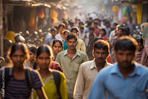 Crowd of Indian people walking on street