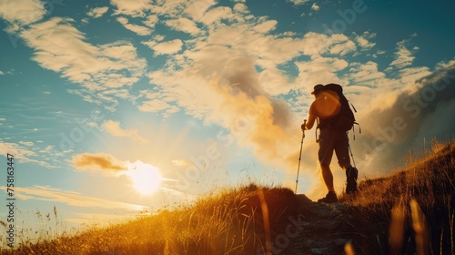 Hiker with backpack and ski poles walking uphill at golden hour sunset. Hiking endurance concept. AI Generated 