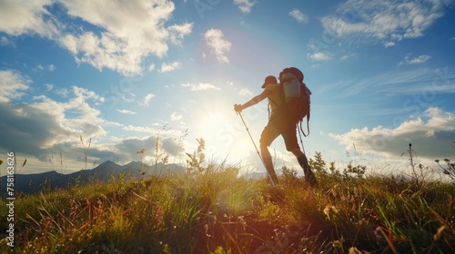 Hiker with backpack and ski poles walking in the meadow with the sun and blue sky at the background. Hiking endurance concept. AI Generated 