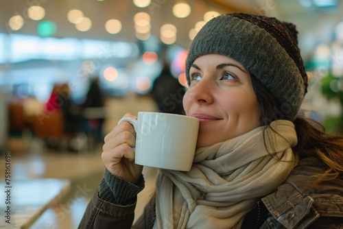 A woman with a contented expression, enjoying a cup of freshly brewed coffee at an airport café, the rich aroma and warm ambiance providing a comforting start to her travels