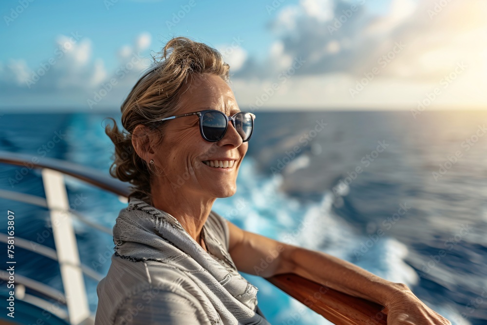 Senior woman with a cheerful expression, enjoying a leisurely stroll on the sun-kissed deck of a cruise ship, the gentle sea breeze and panoramic views of the ocean