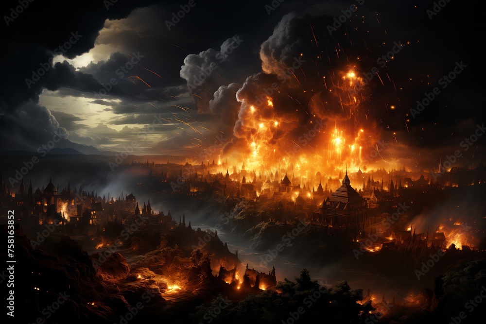 Fantasy kingdom burning under a dramatic sky