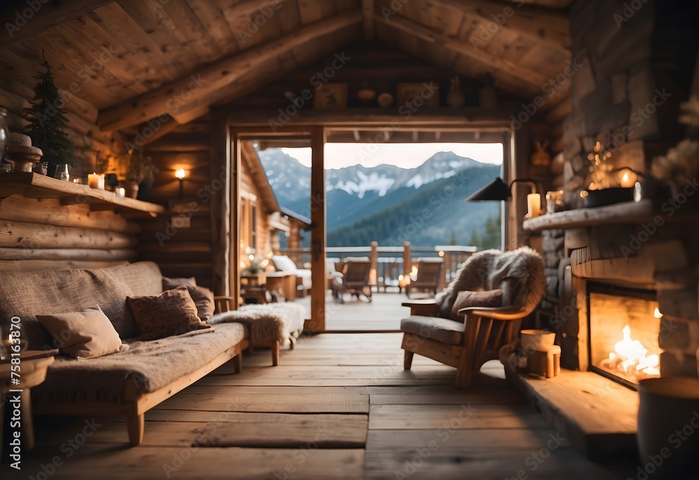 Blurred image of a cozy mountain cabin, generative AI