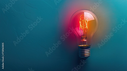 Colored Light Bulb on a Blue Paper Background: Creative Lighting Concept, Generative AI
