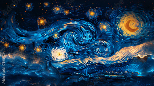 Seamless pattern of sky in style of Van Gogh Starry Night. Starry Night with yellow circles, swirling and dots in blue color photo
