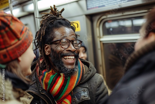 A smiling black man sharing a laugh with a stranger on the subway, his birthday spirit infectious as he spreads joy to those around him