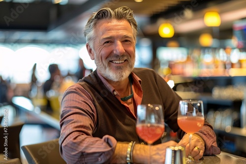 A smiling senior man enjoying a drink at the airport bar, his birthday cocktail adding a festive touch to his pre-flight celebrations