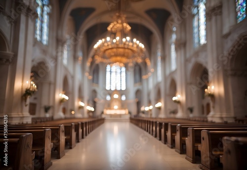 Blurred image of a grand cathedral interior, generative AI © Zohaib