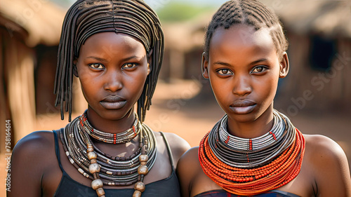 Portrait, young African women, short and medium-length hair, traditional adornments, rural ambiance. photo