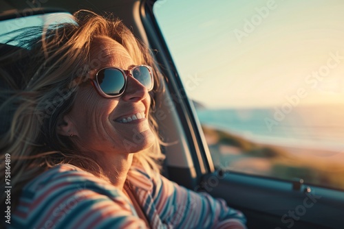 A smiling senior woman sitting comfortably in the back of a taxi, her gaze fixed on the scenic views passing by outside the window, as she makes her way to the beach for a relaxing vacation