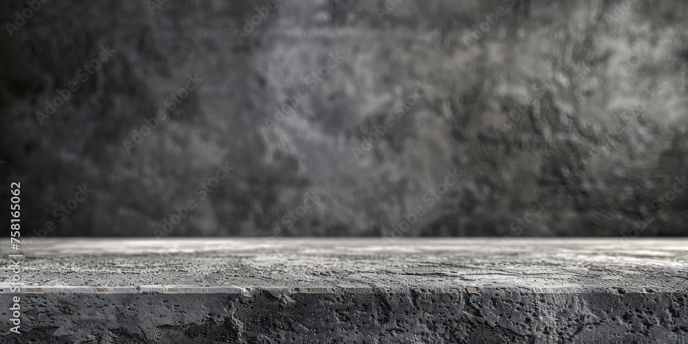 Empty concrete table top on dark grey wall background, product display presentation and social media banner design template, concrete shelf on black wall background, mockup design, - obrazy, fototapety, plakaty 