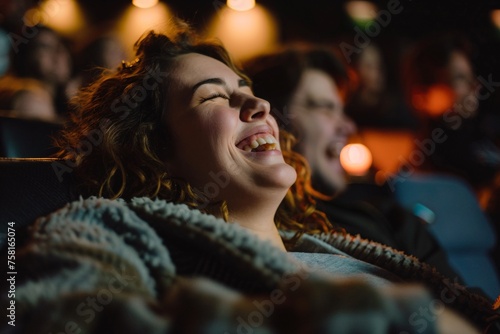 A young woman leaning back in their seat, laughing heartily at a comedy film playing at the cinema