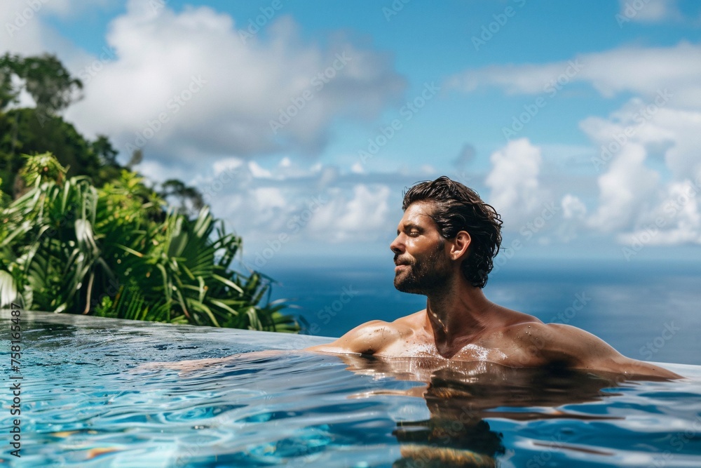 A handsome man taking a refreshing dip in a private Caribbean villa's infinity pool, his athletic physique glistening with water droplets in the tropical sunshine