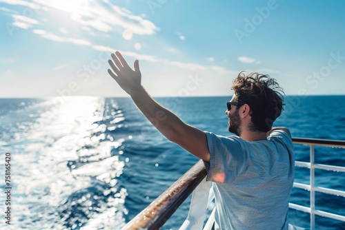 A happy man waving from the deck of a ferry, the salty sea breeze tousling his hair as he sets off on a refreshing coastal journey photo