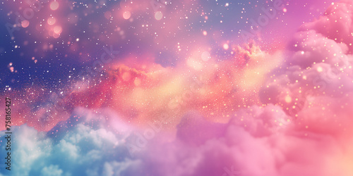 Rainbow unicorn background in pastel colors with star bokeh. Magic pink holographic background. Illustration of magic patterns, rainbow universe, cosmic unicorns 