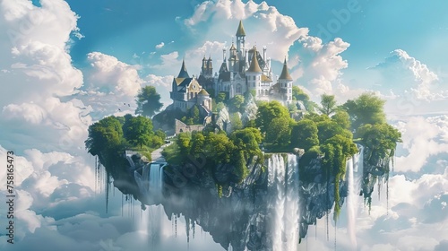 Fantasy fairy tale castle on floating island in sky, surrounded by waterfalls and lush gardens. Enchanted magical kingdom, dreamy surreal landscape, digital matte painting photo