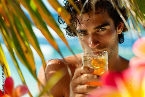 Handsome man sipping a cocktail under a swaying palm tree, his toned physique glistening with sunscreen under the Caribbean sun