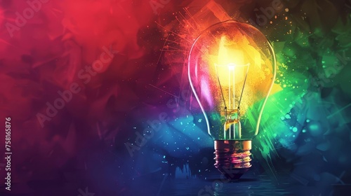Glowing lightbulb filled with vibrant rainbow colors, creative idea and innovation concept, digital illustration