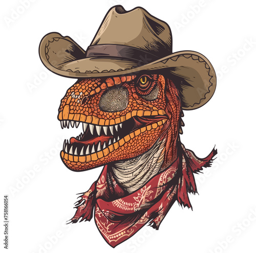Dinosaur Head wearing wearing cowboy hat and bandana around neck