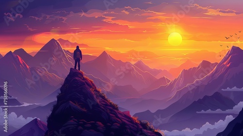 Hiker standing on mountain peak at sunset, breathtaking landscape view illustration © Bijac