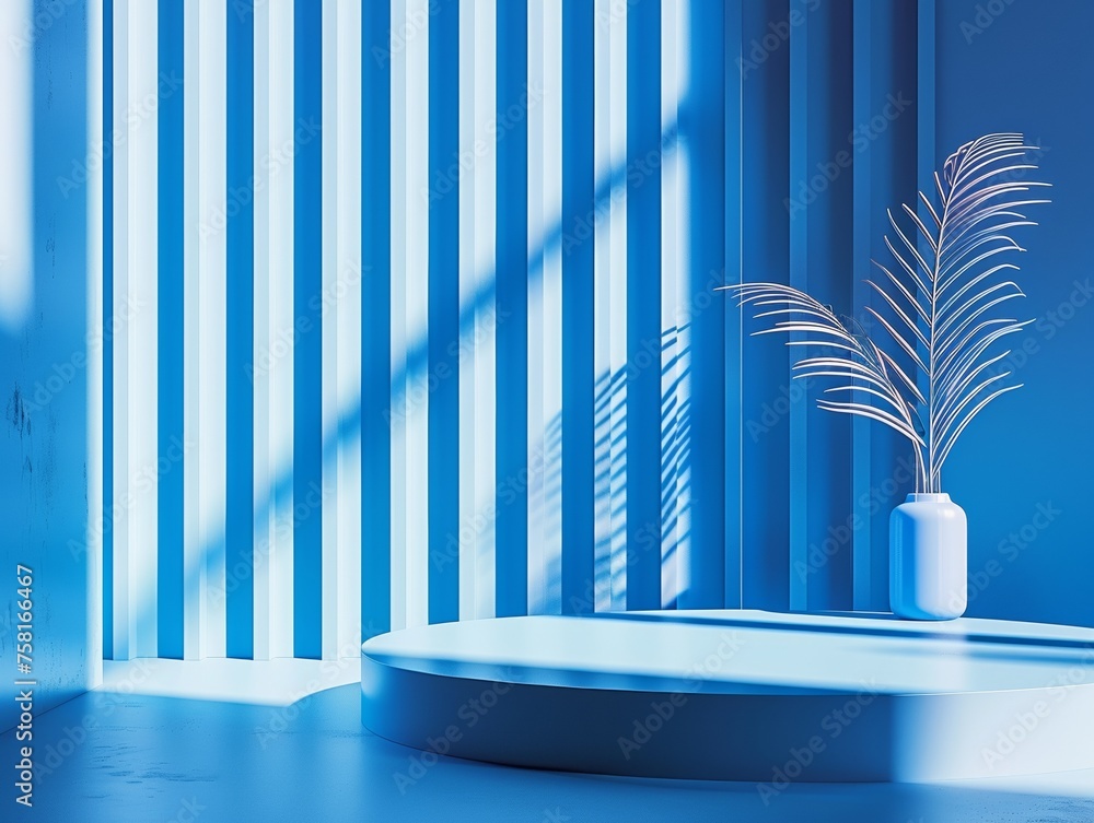 Minimalist showcase with metallic silver podium and dynamic blue shadows, perfect for high-tech fitness branding Minimalist showcase with metallic silver podium and dynamic blue shadows, perfect for high-tech fitness branding