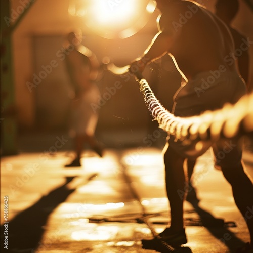 Silhouetted group of athletes in a sunlit gym doing rope exercises, creating a dynamic and inclusive atmosphere of communal fitness