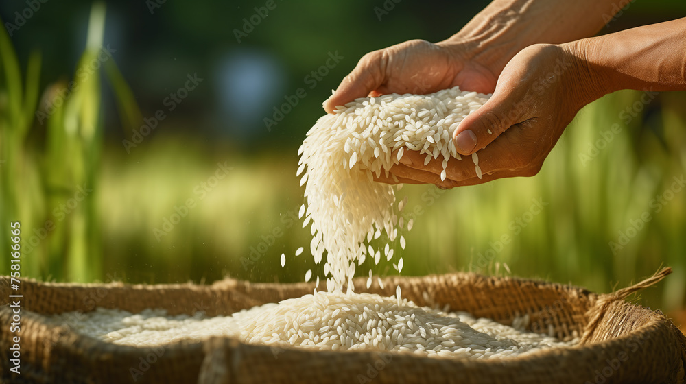 Hands pouring rice grains with care, symbolizing abundance and harvest against a rural backdrop