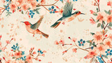 Retro-Style Floral Pattern with Hummingbirds