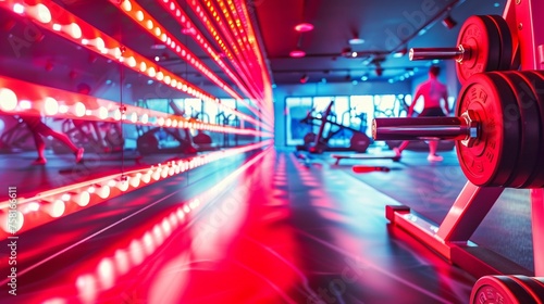 Dynamic gym setting with vibrant red tones and LED lighting for energetic advertisement mockups