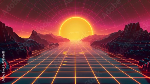 Retro 80s neon grid landscape with sun and mountains, synthwave retrowave vaporwave styled scene. Futuristic virtual reality, cyber world, video game design. Vector illustration.