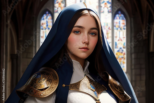 person in the church, young cleric woman wearing paladin armor and a priest veil, standing in front of a stained glass window