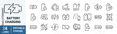 battery charge line web icons. Car Charge Station, Recycle,