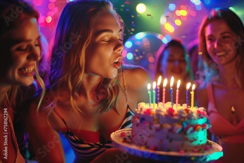 Adult woman blowing out candles on a birthday cake surrounded by her closest friends at a lively karaoke bar, with colorful lights flashing in the background as they sing and dance