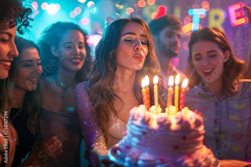 An adult woman blowing out candles on a birthday cake surrounded by her closest friends at a lively karaoke bar, with colorful lights flashing in the background as they sing and dance