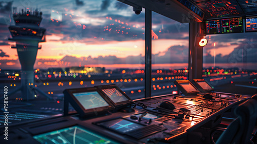 Air Traffic Control Working  Airport Towers  Navigation Screens  Airplane Departure Arrival Data  Flight Radar Controllers  runway background  Image blurred