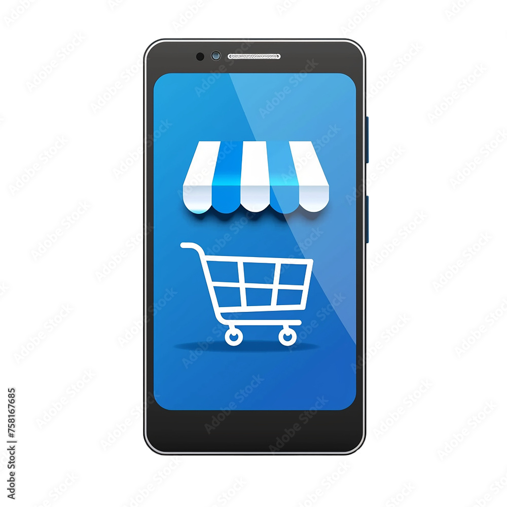 a smartphone with a white shopping cart icon and awning pop-up on a blue screen isolated on white background. Online shopping, online business, e-commerce, shopping mobile app, delivery concept. a smartphone with a white shopping cart icon and awning pop-up on a blue screen isolated on white background. Online shopping, online business, e-commerce, shopping mobile app, delivery concept.