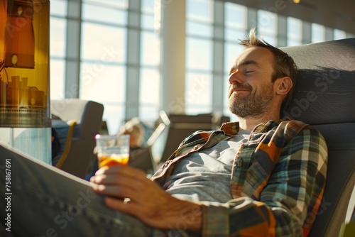 An adult man with a relaxed expression, reclining in a lounge chair at the airport lounge, enjoying complimentary refreshments and amenities photo