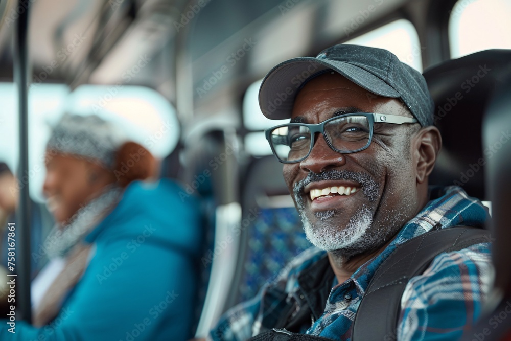 A black man with a grateful smile offering a seat to an elderly or pregnant passenger on the bus, embodying the spirit of kindness and community even as he heads off on his own vacation journey - obrazy, fototapety, plakaty 