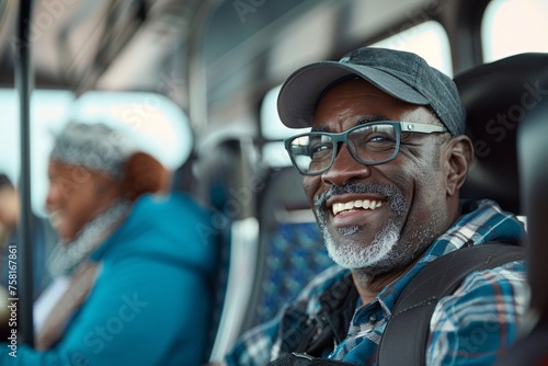 A black man with a grateful smile offering a seat to an elderly or pregnant passenger on the bus, embodying the spirit of kindness and community even as he heads off on his own vacation journey