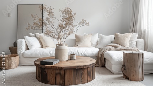 Modern living room interior with white sofa  wooden coffee table and natural plants 