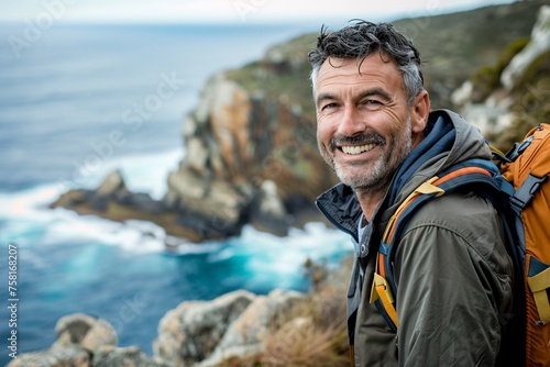 Man with a contented smile, enjoying a scenic hike through rugged coastal cliffs, the breathtaking views and invigorating sea breeze filling him with a sense of peace and tranquility