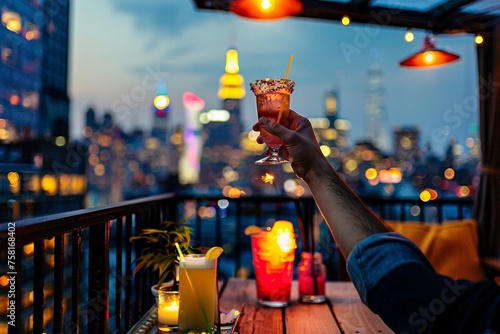 An adult man raising a toast to celebrate his birthday at a stylish rooftop bar, with the city skyline illuminated in the background and colorful cocktails on the table