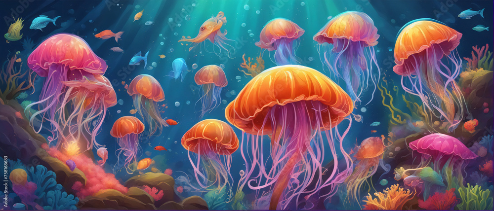 Fototapeta Beautiful Jellyfish in Pacific sea, Deep Ocean background. Generative AI