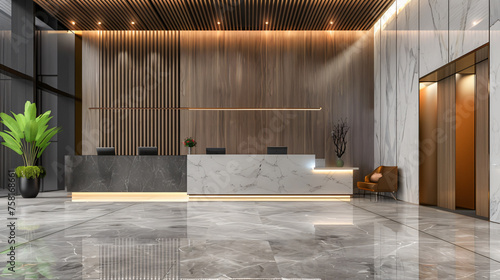 Interior of luxury hotel lobby with reception desk and relax zone for guest, modern style concept photo