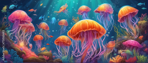 Beautiful Jellyfish in Pacific sea, Deep Ocean background. Generative AI