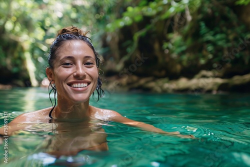 A woman with a gleeful grin, indulging in a refreshing swim in a secluded lagoon, the crystal-clear waters providing a welcome respite from the summer heat