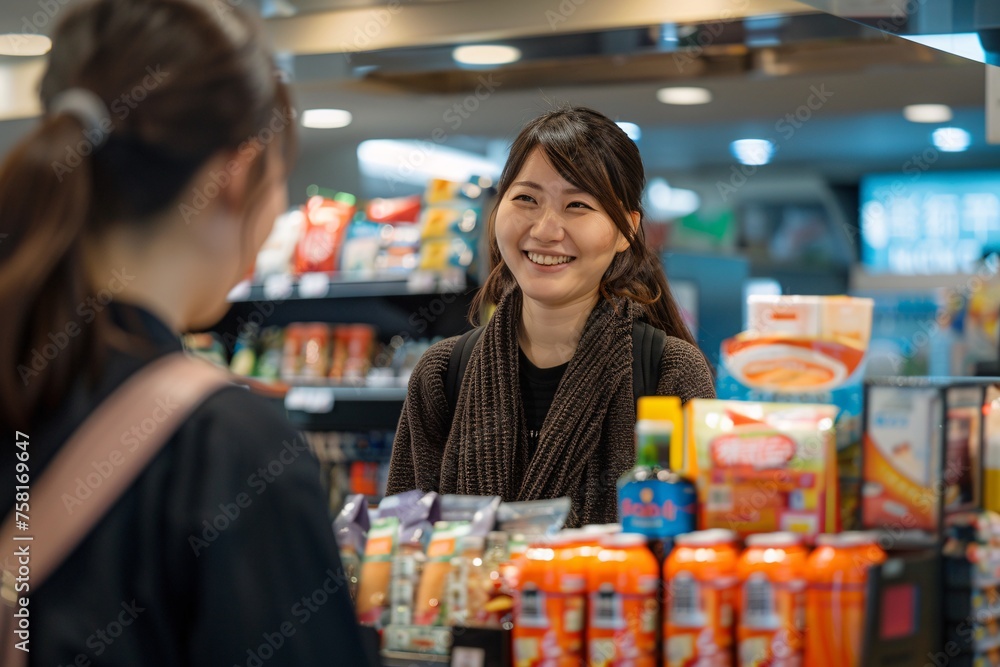 Asian woman with a cheerful smile, purchasing snacks and beverages for her train journey at the station convenience store