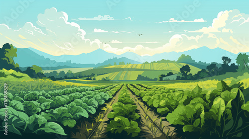 Illustration vectorielle de champs, cultures, avec belle vue, paysage. Arbre, nature, agriculture. Pour conception et création graphique. photo