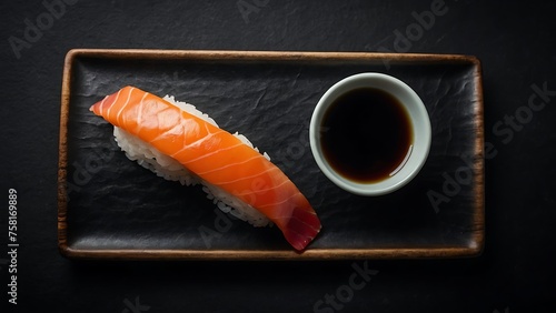 Sushi roll with salmon, avocado and cucumber on a black background